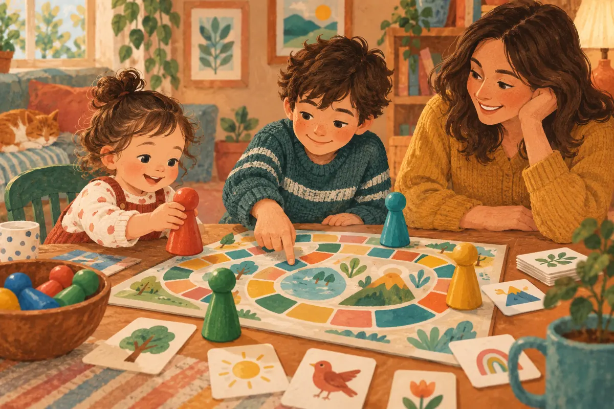 Ilustracja dzieci w różnym wieku i dorosłego podczas wspólnej gry przy stole.