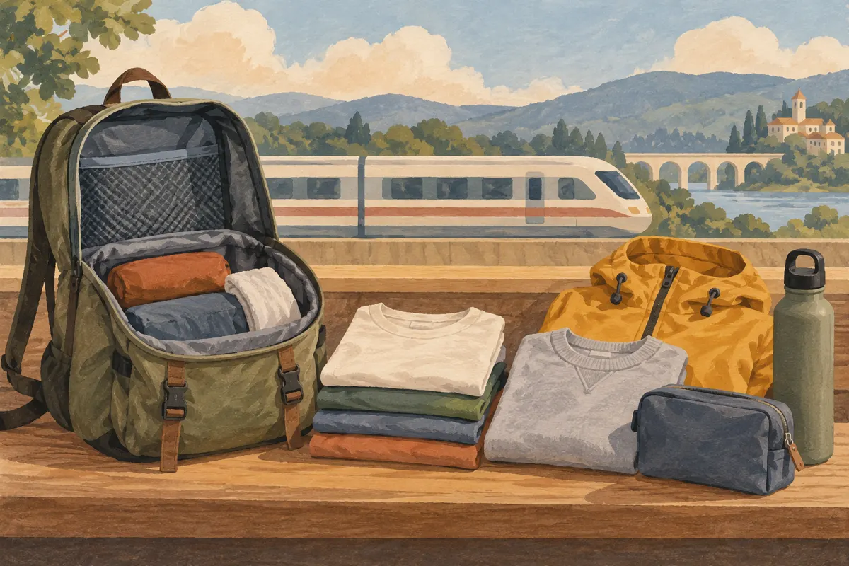 Ilustracja plecaka i rzeczy na weekendowy wyjazd pociągiem przy zmiennej pogodzie